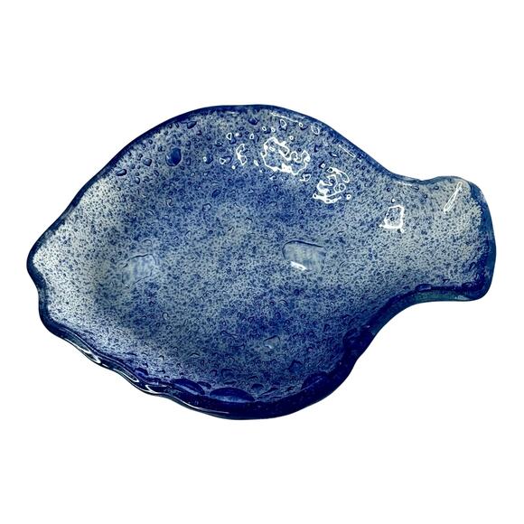 VTG Blue Bubble Art Glass FISH BOWL Trinket Dish 7x5 Soap Holder Jewelry Plate - Picture 2 of 5